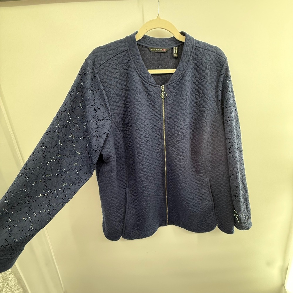 Isaac Mizrahi Live 2X‎ Navy Quilted Jacket Lace Sleeves Zip Front Lightweight